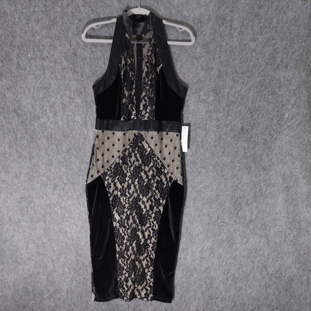 Venus Lace Velvet Bodycon Dress 6 Black Gothic Halter Mock Neck Dot Patchwork
